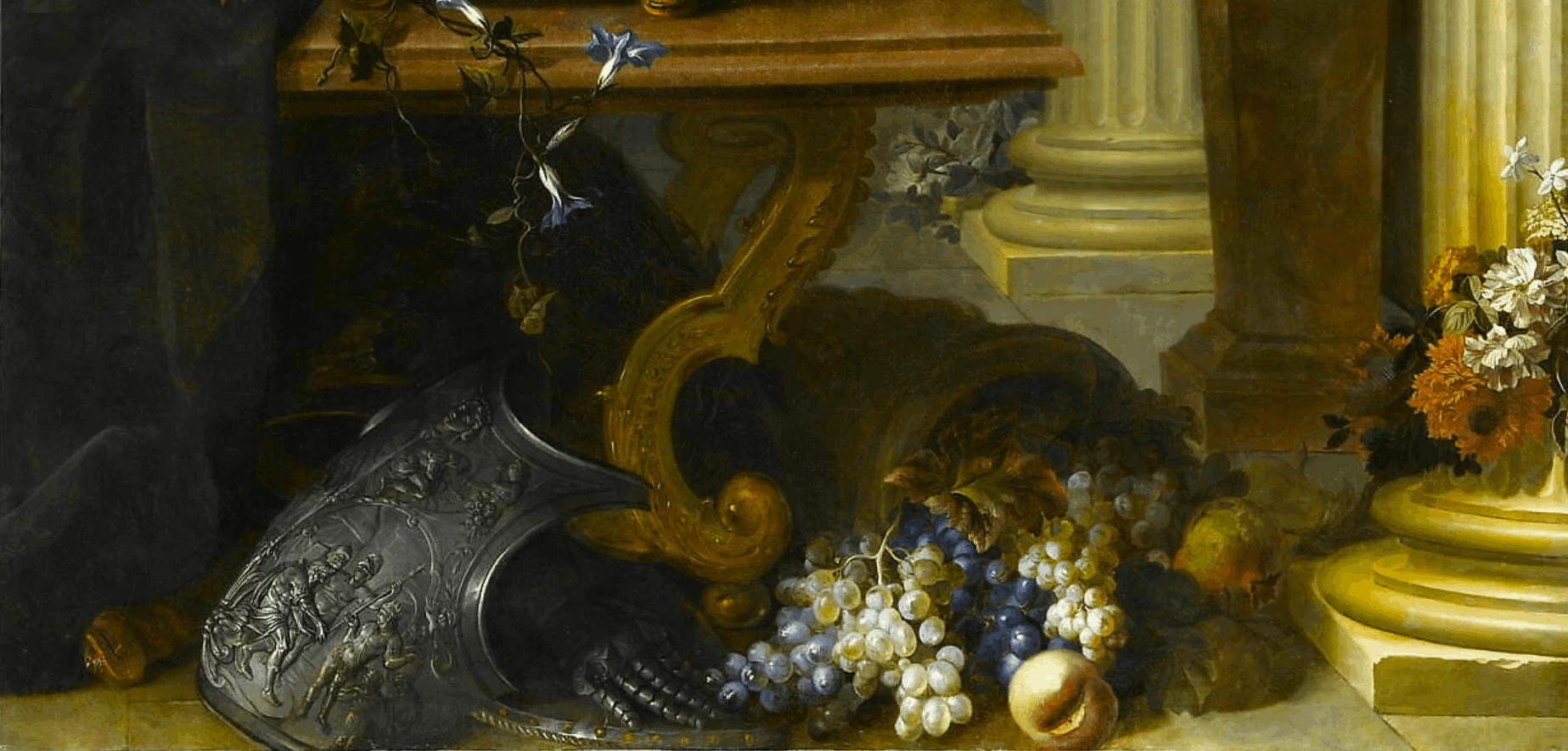 Fiori in un vaso d'oro, busto di Luigi XIV, cornucopia e armaturai - Louvre Museum , Parigi, dettaglio